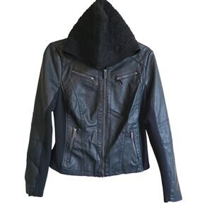 Sebby Faux Leather Women S Black Moto Bomber Jacket Detach Chunky Knit Hood